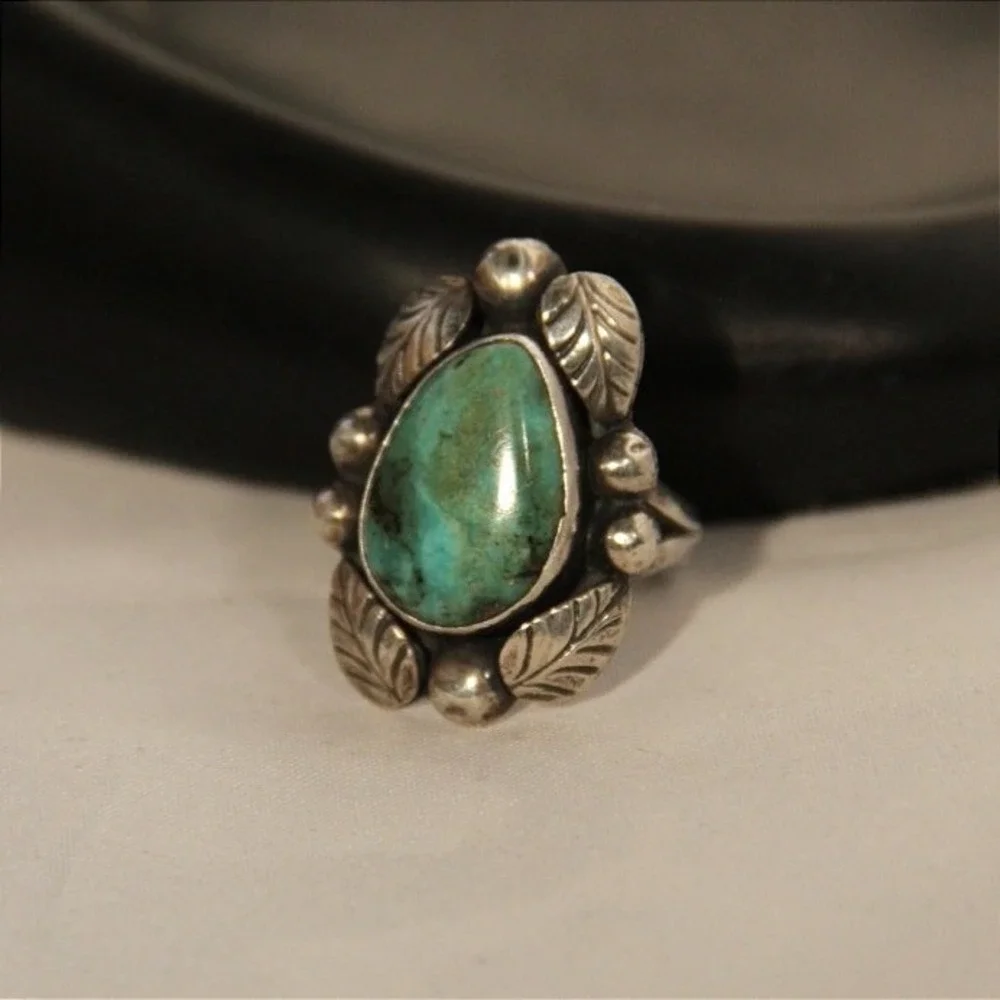 Vintage Sterling Silver Turquoise Leaf Statement Ring Size 6 Southwestern Boho - Picture 2 of 5